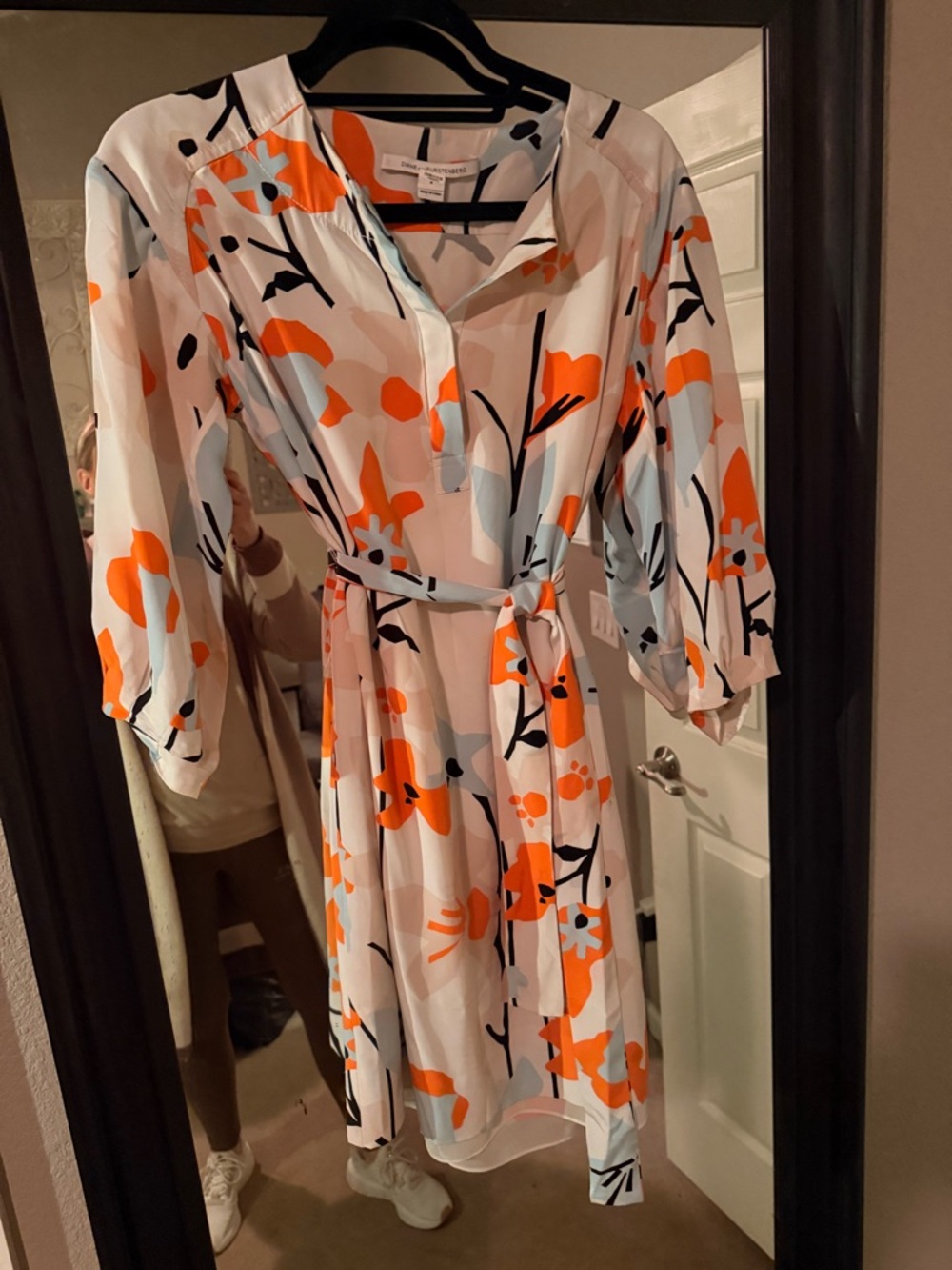 Diane Von Furstenberg silky white Shirt Dress with Orange color blocking.